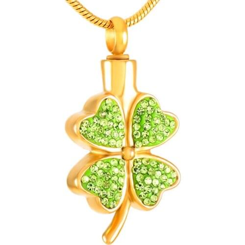 IJD8220 Stainless Steel Green Four Leaf Clover Cremation for Urn Ashes Memorial Pendant Necklace Jewelry