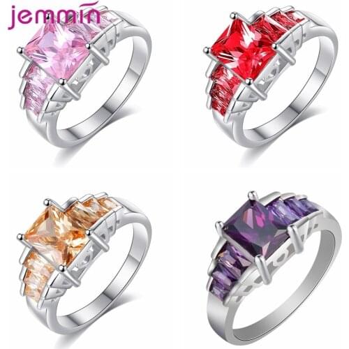 Bright Purple Cubic Zircon Good Quality Genuine 925 Sterling Silver Rings Rectangle Shape Luxury Rings 4 Claws Hearts And Arrows