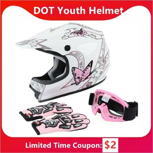 Motorcycle DOT Youth Full face Helmet Child Kid Adult Pink Butterfly Dirt Bike ATV Motocross Cycling Helmet +Goggles Gloves S-XL