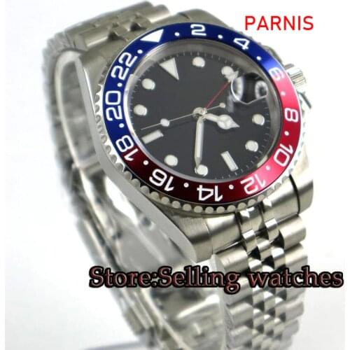 40mm PARNIS Black sterile dial Sapphire Glass GMT Jubilee strap Luminous Hands Date Steel Case Automatic Movement mens Watch