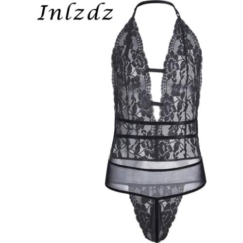 Mens Erotic Lingerie Sissy Bodysuit Halter Backless See Through Lace Floral Pouch Bodysuit Jumpsuit Hot Sexy Nightwear Sleepwear