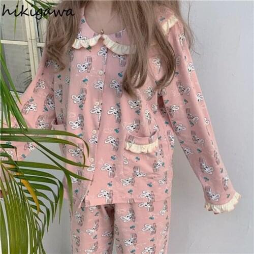 Hikigawa 2021 New Autumn Pajamas Womens Long-sleeve Trousers Sleepwear Suit Thin Lace Cute Rabbit Home Service Loose Nightwear