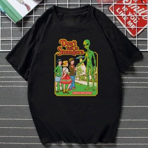 New Don't Talk To Strangers Women T Shirt Scary Saucer Man Cartoon Harajuku Tee Chic Ullzang Grim Evil Series Unisex Streetwear
