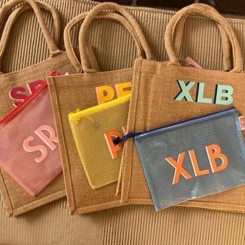 Personalize Monogram Jute Shopping Carryall Beach Tote Bags with Pool Bag Custom Name Pool Toiletry Bags Bridesmaid Gifts
