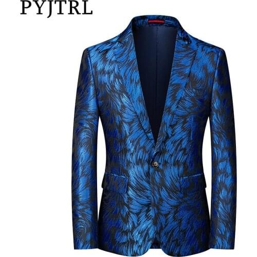 PYJTRL Men Fashion Royal Blue Pink Red Luxury Jacquard Blazer Party Prom Wedding Groom Singers Suit Coat Casual Floral Jacket