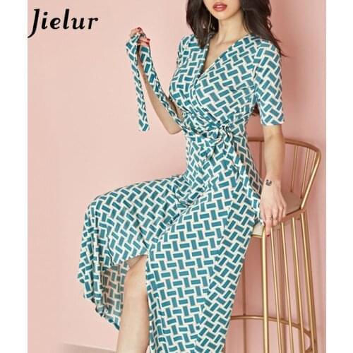 Jielur Elegant Summer Dress Women 2021 Fashion Green Plaid V-Neck Side Split Dresses Party Beach Holiday Lady Long Dress Vestido