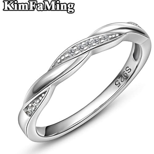 Simple Elegant Women Silver Twisted Rings Delicated Female Zircon Pave Setting Fine Jewellery Casual R100