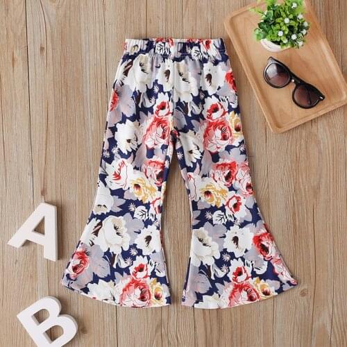 Baby Girl Flared Pants Floral Print Elastic Waist High Elasticity Romantic Elegant Summer Clothing 2-7Y