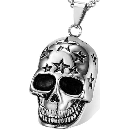 RIR Solid Heavy Large Gold Smiling Skull With Star Pendant Necklace Goth Mens Hamlet Rider Necklaces In Stainless Steel P003