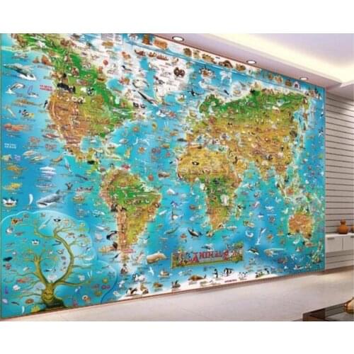 Custom Size Self Adhesive Wallpapers Baby Kids Children Room Wold map 3D Photo Murals animal 3d Cartoon Wall roll Waterproof