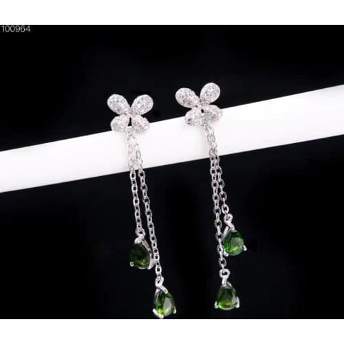 Natural green diopside drop earrings 925 silver Natural gemstone earring elegant Clover Tassels strand woman party gift jewelry