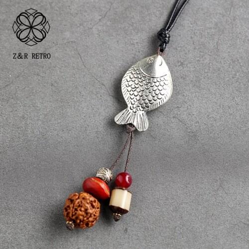 Vintage Fish Pendants Long Necklace for Women Necklaces& Pendant Handmade Wooden Beads Rope Chain Chokers Jewellery Suspension
