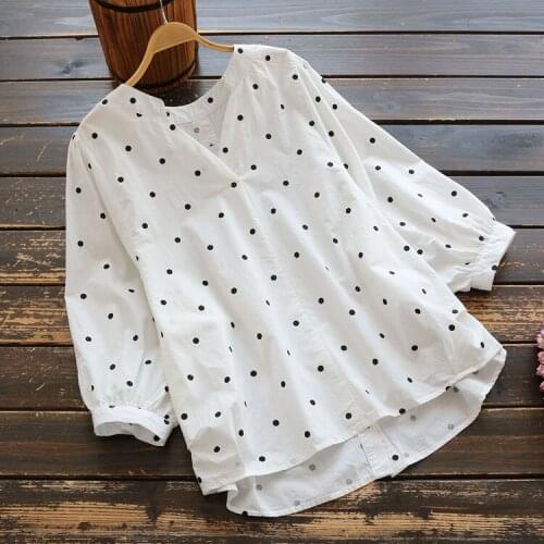 6027 New Summer Women Blouse Cotton Polka Dot V-Neck Half Sleeve Tops Loose Casual Pullover Shirts Women