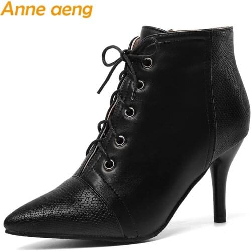 2019 New Winter Women Ankle Boots High Thin Heels Pointed Toe Lace-Up Sexy Ladies Women Shoes Black Warm Boots Big Size 33-46