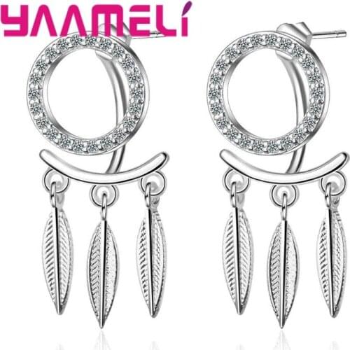 Exquisite New Fashion Leave Design Round Setting Sparking Rhinstone 925 Sterling Silver Stud Earring Woman Girls Engagement Gift