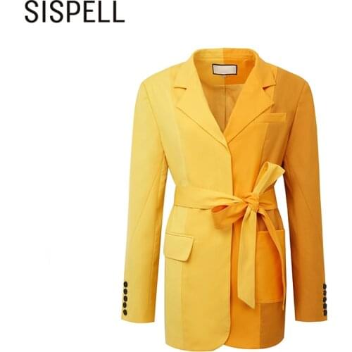 SISPELL Patchwork Hit Color Womens Blazer Coat Lapel Collar Lace Up Bowknot High Waist Slimming For Female Coats Fashion