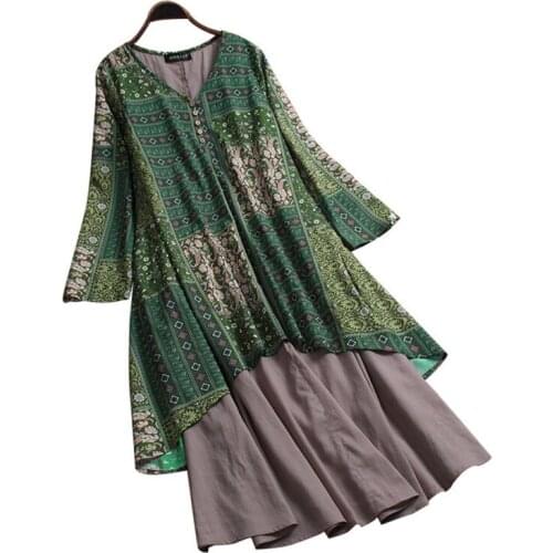 2020 Oversize fashion summer women cotton linen dress print splice long dresses Plus size 5XL Irregular long-sleeved dress G878