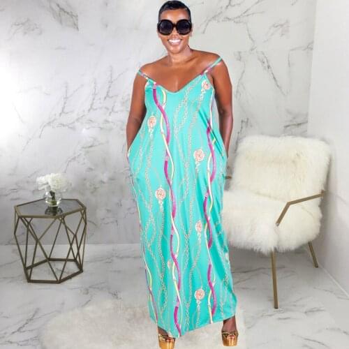 2021 Fashion Women Long Dress Chain Print Sleeveless Strap V-neck Loose Maxi Dresses with Pockets Sexy Casual Vestidos Summer
