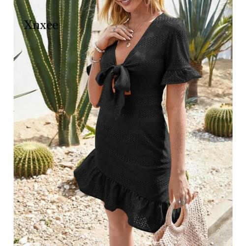 2021 Summer Womens Sexy Short Sleeve V-Neck Mini Bandage Dress Costume High Waist Ruffle Hollow Party Dress