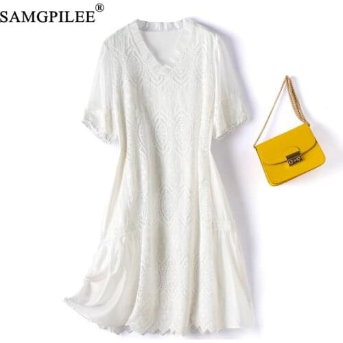 European High-end Simple 2021 New Fashion V-neck Water-soluble Embroidery White Loose Short-sleeved Dresses Women Plus Size 4XL