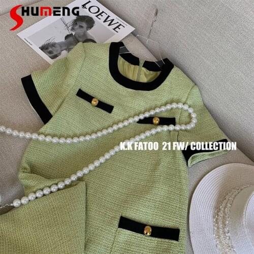 2021 Summer New Green Short Sleeve Contrast Color Button Pocket Slimming Mid-Length A- line Short Dress for Women