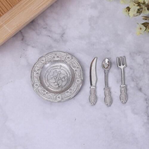 1:12 Miniature 4Pcs/set Plates and Knife Fork Spoon Set Dollhouse Kitchen Accessories