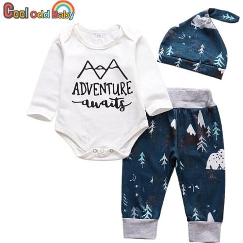 3Pcs Toddler Newborn Baby Boy Clothes Set Long Sleeve Letter Adventure Romper Tops+Pants and Hat Autumn Infant Clothing Outfits