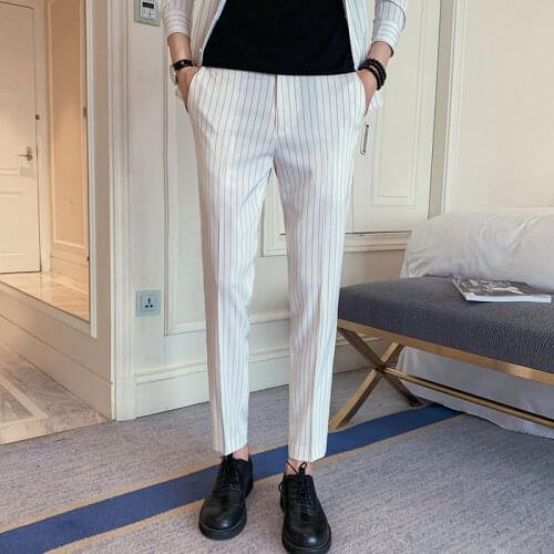 White Mens Dress Pants Striped Korea Style Slim Pantalon Gentleman Wedding Suit Pants New Fashion Business ankle style Trousers