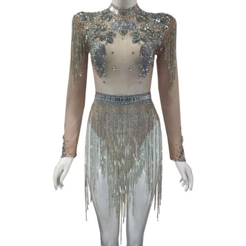 Shining Big Crystals Mesh Sexy Bodysuit Sparkly Rhinestone Fringes Party Nightclub Outfit Singer Stage Performance Dance Costume