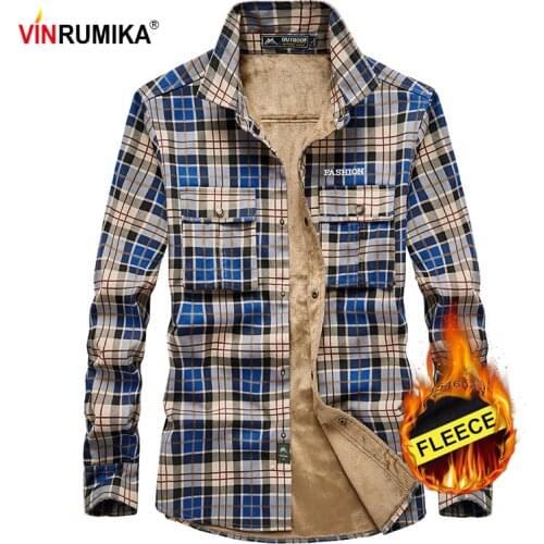 Big Size M-4XL Mens Winter Warm Thicken Fleece 100% Cotton Casual Brand Blue Plaid Shirt Man Green Grid Long Sleeve Shirts Tops