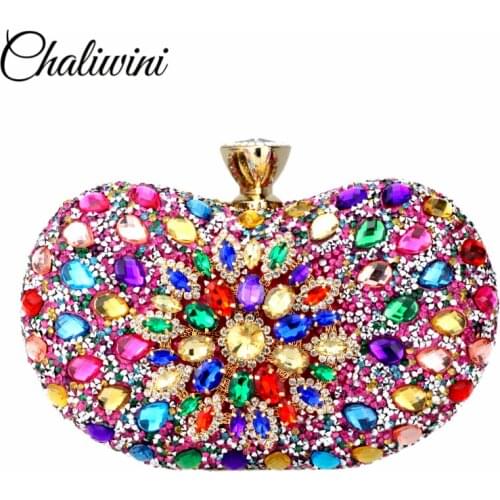 Chaliwini Evening Diamond Two side Floral Woman Clutch Bag Multi Crystal Sling Package Wedding Purse Matching Wallet Handbags