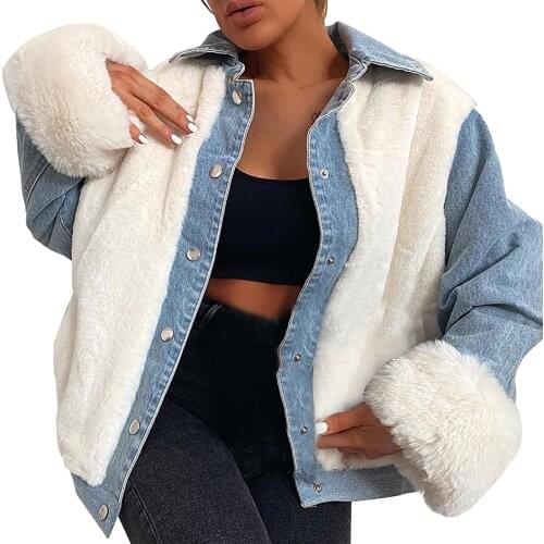 Denim Jacket Women Fashion Winter Jean Jacket Female Casual Plush Warm Patchwork Cardigan Streewear Outerwear Denim Jacket Coat
