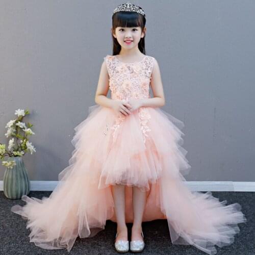 Glizt Long Trailing Girl Pageant Evening Gowns Pink Tulle Floral Flower Girl Dresses For Wedding Kids First Communion Vestidos