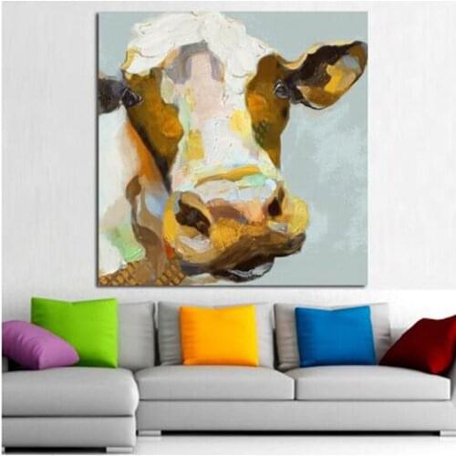 Hot sale 100% handpainted Cartoon Oil Painting on Canvas Abstract Animal Wall Art picture for Home Decoration Happy cow painting