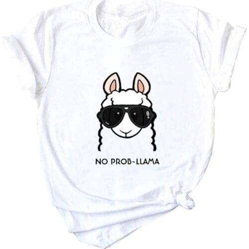 Summer tshirt Women No Prob Llama T-Shirt Cartoon Head Print Short Sleeve Cotton Casual Tops Ladies T Shirts Plus Size XL