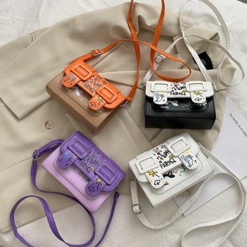 Fashion Graffiti Painted Women Messenger Handbags Belt Buckle Female PU Leather Flap Travel Pouch Small Square Shoulder Crossbod