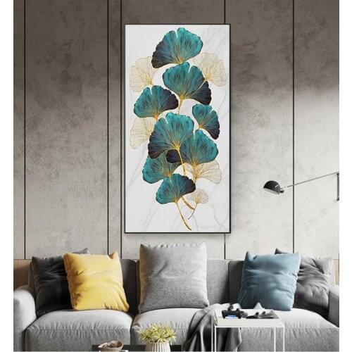 Picture Living Room Entrance Decoration Green Golden Plant Leaf Abstract Nordic Canvas Print Wall Art Painting Modern