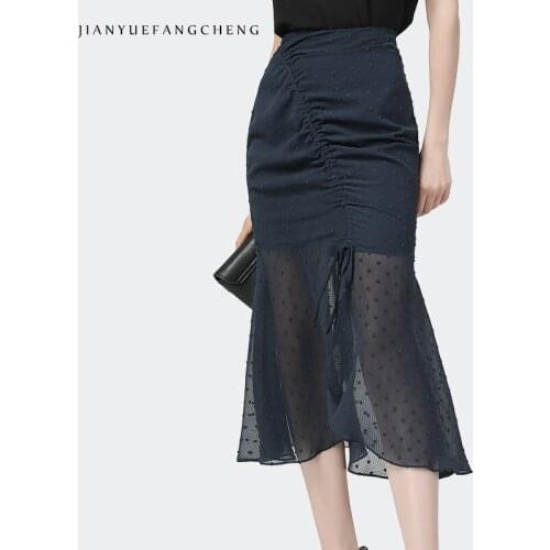 Newest Summer Chiffon Mesh Skirt Women' Mid-Length Drawstring Design Shirring Wrapped Skirts Elegant Sexy Office One Step Skirts
