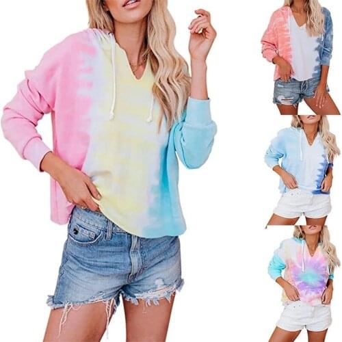 2020 New Tie-dye Printed Plus Size Hooded Blouse, Printed Gradient Color V-neck Hooded Long-sleeved Pullover Casual Loose Sweate