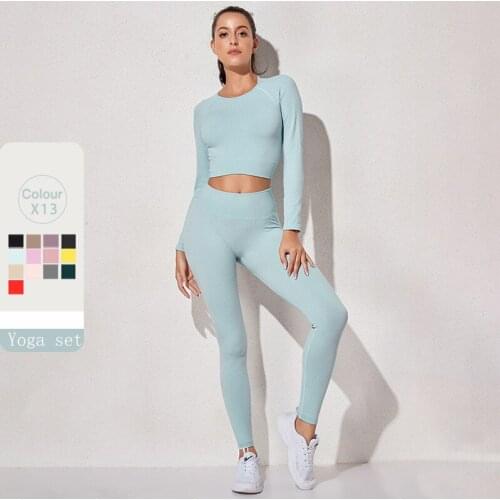 New Seamless Yoga Set Woman 2 Pieces High Waist Ribbed Gym Sets Jogging Fitness Sports Bra Long Sleeve Booty Leggings Push Up