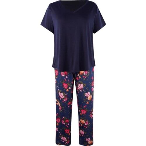 Solid Short Sleeve T-shirt Tops+Floral Print Full Length Pants Pajamas Sets for Women Spring Summer Laies Sleepwear Pajamas
