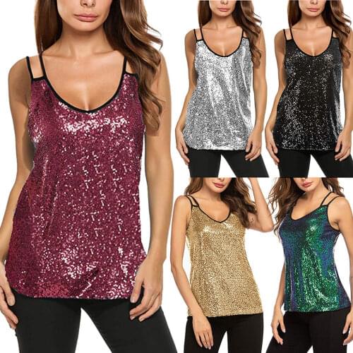 Solid Sequin Women T-Shirt V Neck Sleeveless Spaghetti Straps Solid Tops Shiny Clubwear Girls Tshirts Summer Sexy T Shirts