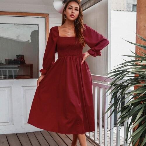 Casual Womens Solid Flared Long Sleeve Midi Dress 2021 Autumn Fashion Square Collar Big Swing Dresses Sexy Backless Women Dress