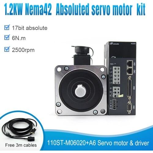 Nema42 110mm frame 1.2KW 2500rpm 6n.m 17 bit absoluted encoder ac 220V servo engine motor and controller kit for cnc machines