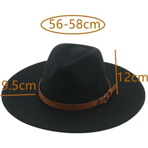 Big brim women hats 9.5cm wool solid color belt buckle white black fedora men hat winter autumn church wedding formal winter hat
