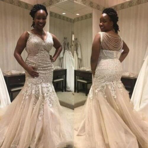 Vestido de Noiva 2020 African lace mermaid Wedding Dress beading back sexy v-neck Bridal Gown wedding gown Robe De Mariee
