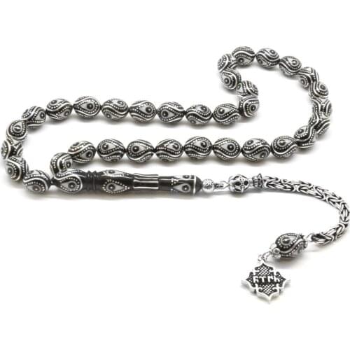 Tesbihane 925 Sterling Silver King Tassels Silver-Enamel Embroidered Erzurum Oltu stone Rosary