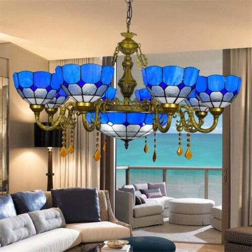 Tiffany Blue Led Suspension European Mediterranean Sea Glass Pendant light for Foyer Apartment Dining Room Glass Light 1220