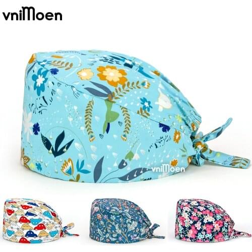 Vnimoen hot sale Unisex cotton Cartoon print hats adjustable Scrub hat beauty salon cap laboratory pet shop Scrub Cap Dust cap
