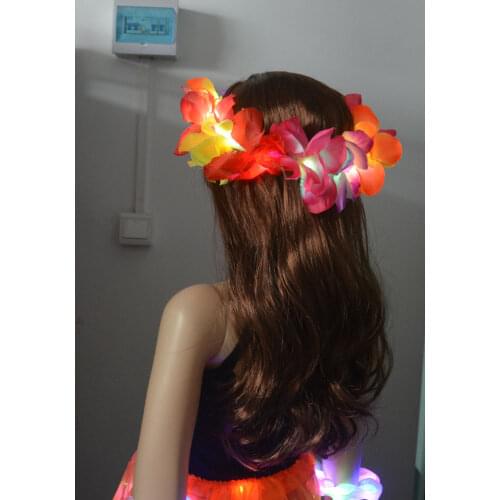 Women Girl Glow Hawaii Hula Luau Garland Wedding Neon Party Crown Hula Dance Flashing Flower Headband LED Lighted Wreath